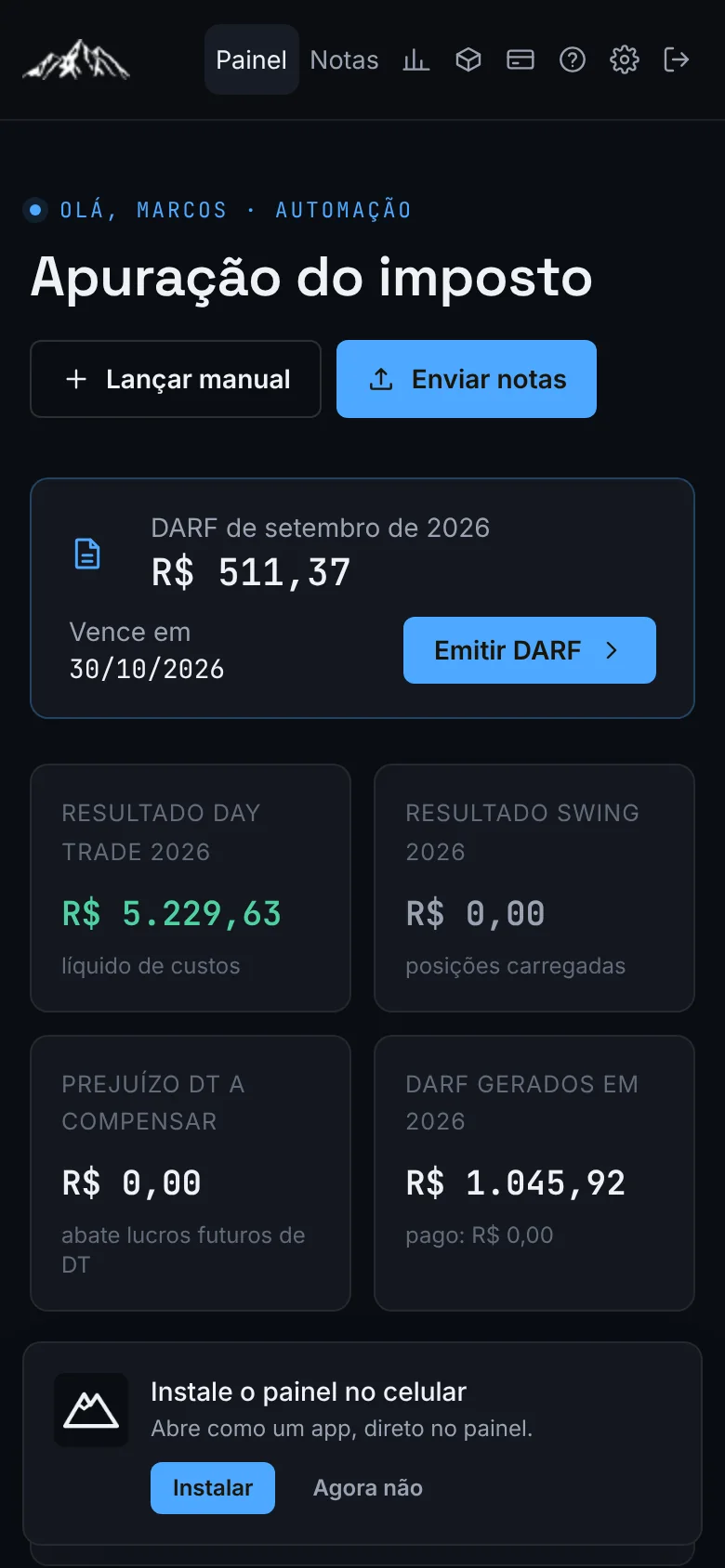 O aviso para instalar o painel no Android.
