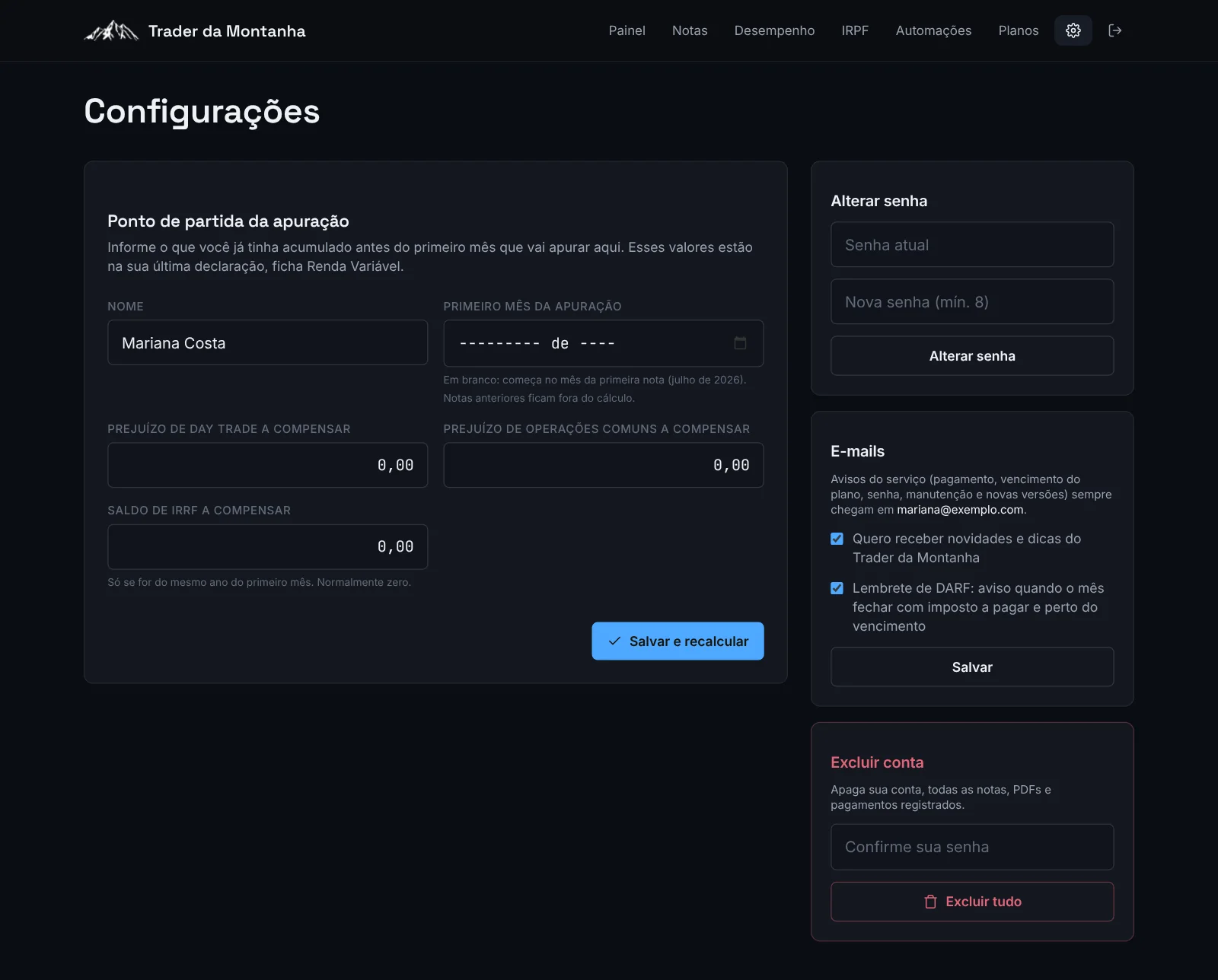Configurações: ponto de partida, senha, e-mails e exclusão da conta.