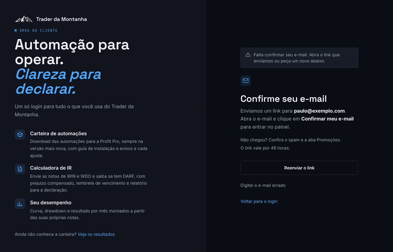 Tela de confirmação: reenviar o link ou corrigir o e-mail digitado.