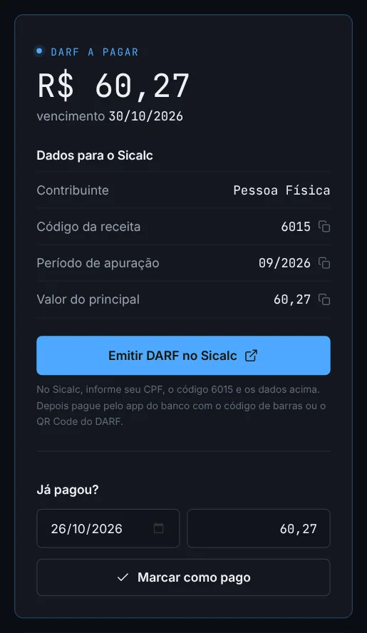 Quadro do DARF com os dados para o Sicalc.